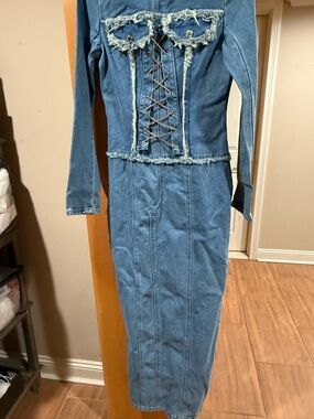 Denim Lace-Up Corset Maxi Dress - Light Blue